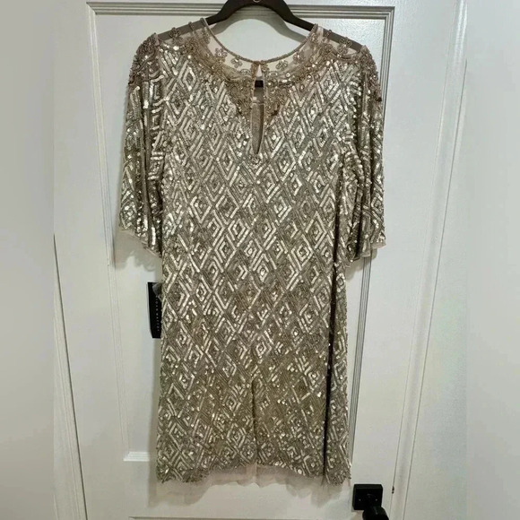 NWT Aidan Mattox Fully Beaded Trapeze Cocktail Dress in Champagne. Size 14 - Picture 10 of 14